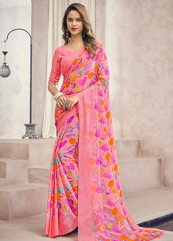Rose Pink Chiffon Printed Work Saree With Blouse - Indian Silk House Agencies