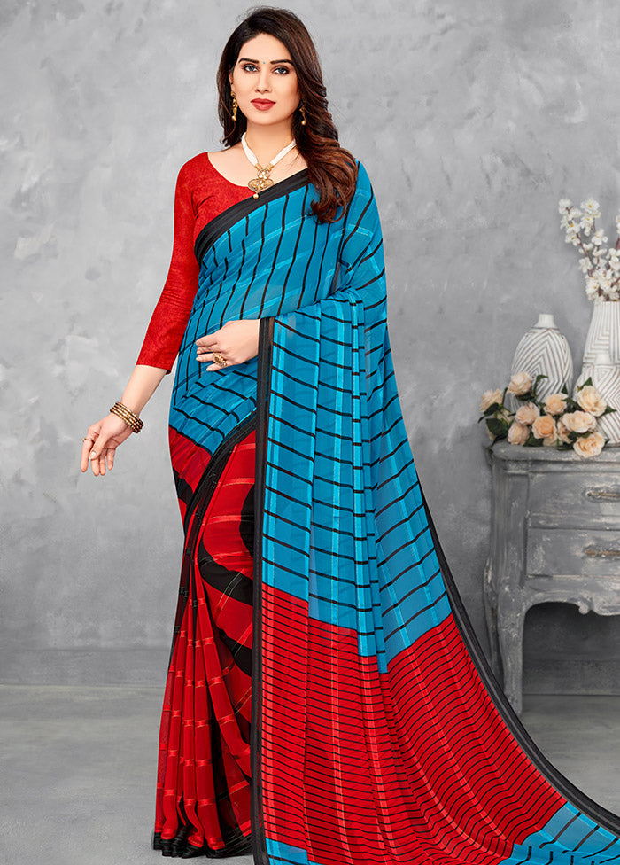 Red And Blue Georgette Woven Work Saree With Blouse - Indian Silk House Agencies