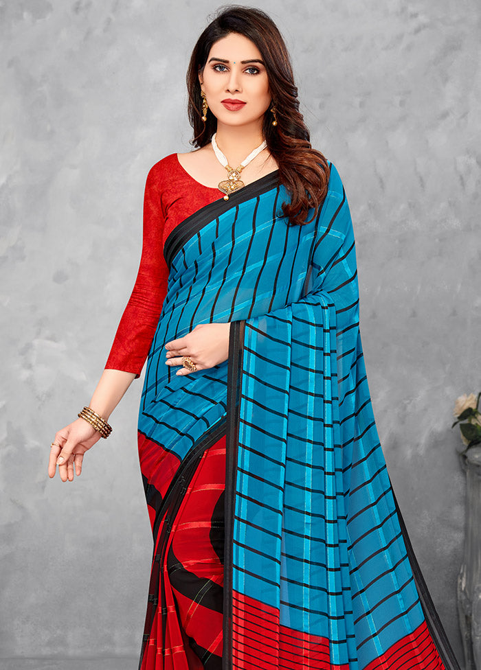 Red And Blue Georgette Woven Work Saree With Blouse - Indian Silk House Agencies