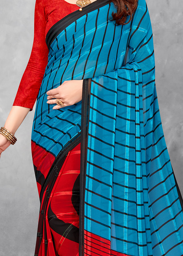 Red And Blue Georgette Woven Work Saree With Blouse - Indian Silk House Agencies