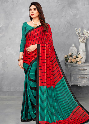 Red And Sea Green Georgette Woven Work Saree With Blouse - Indian Silk House Agencies