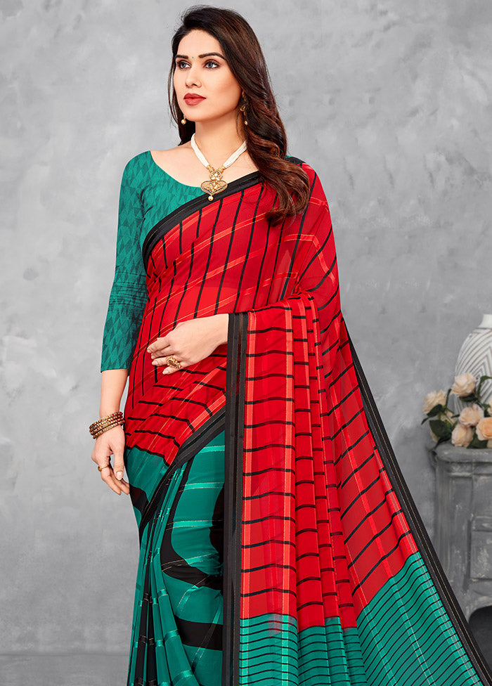 Red And Sea Green Georgette Woven Work Saree With Blouse - Indian Silk House Agencies
