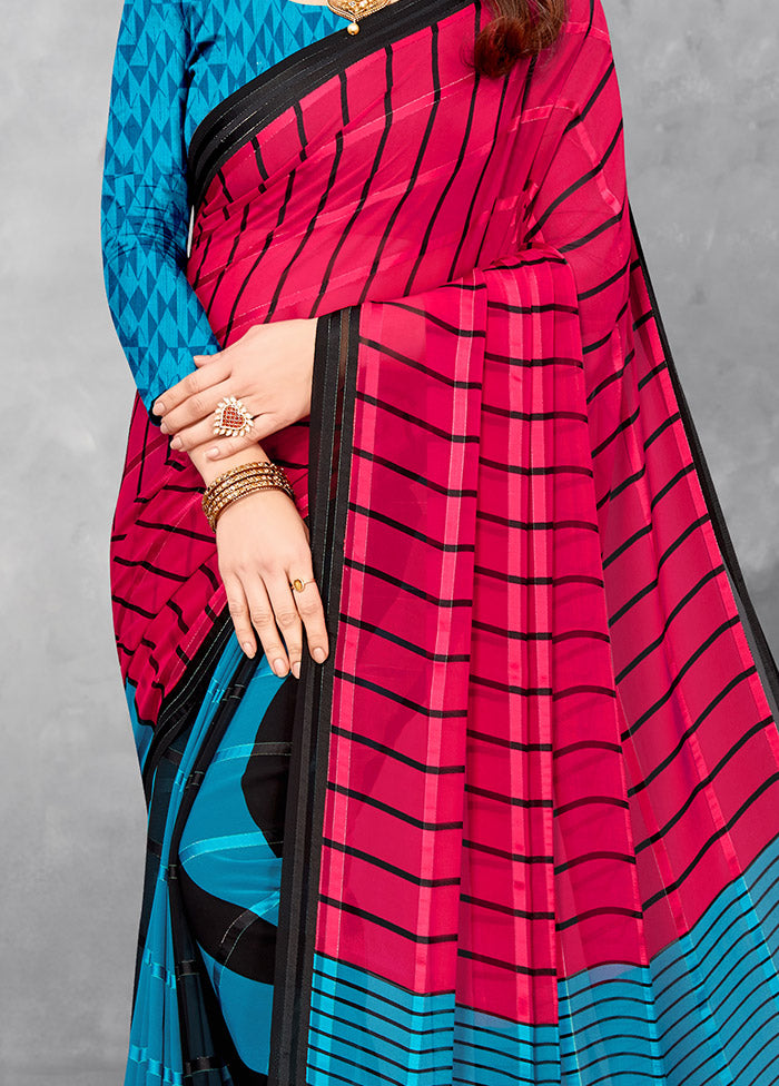 Pink And Blue Georgette Woven Work Saree With Blouse - Indian Silk House Agencies