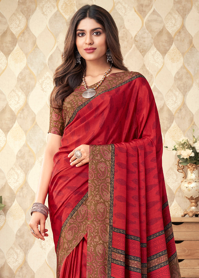 Red Spun Silk Woven Work With Blouse Piece - Indian Silk House Agencies