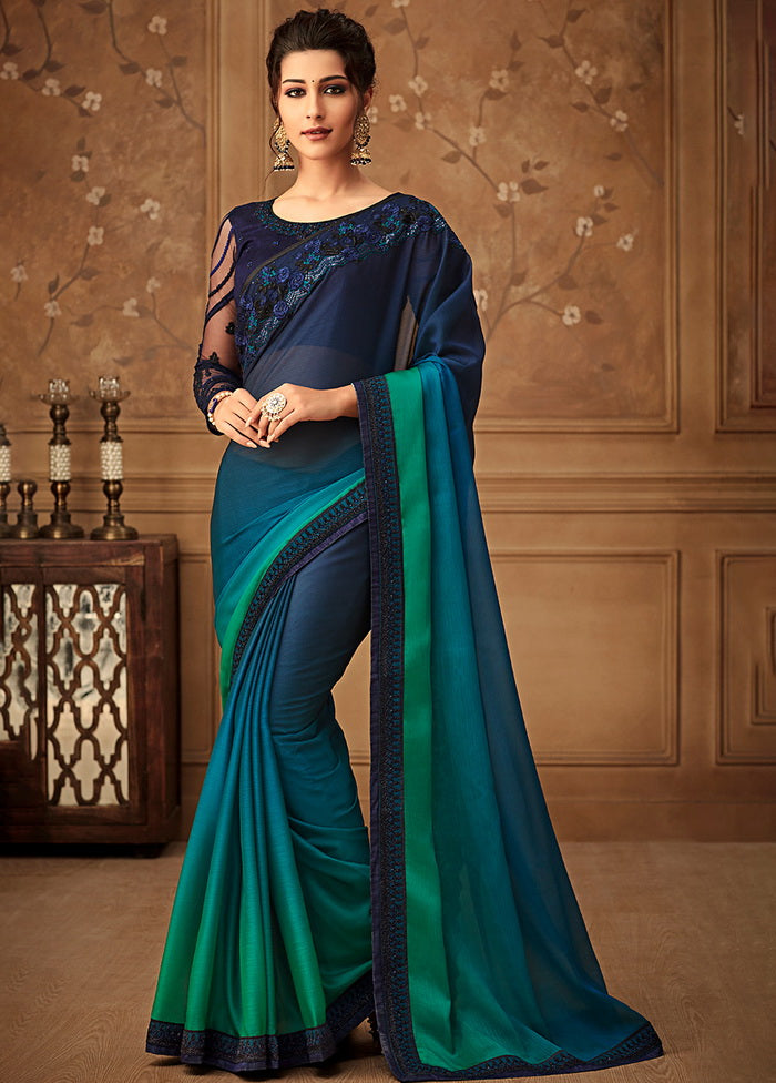 Blue Printed Chiffon Silk Saree With Blouse - Indian Silk House Agencies