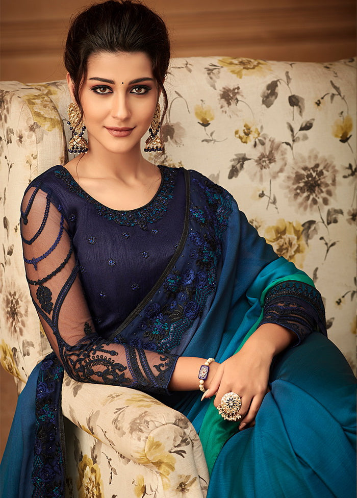 Blue Printed Chiffon Silk Saree With Blouse - Indian Silk House Agencies