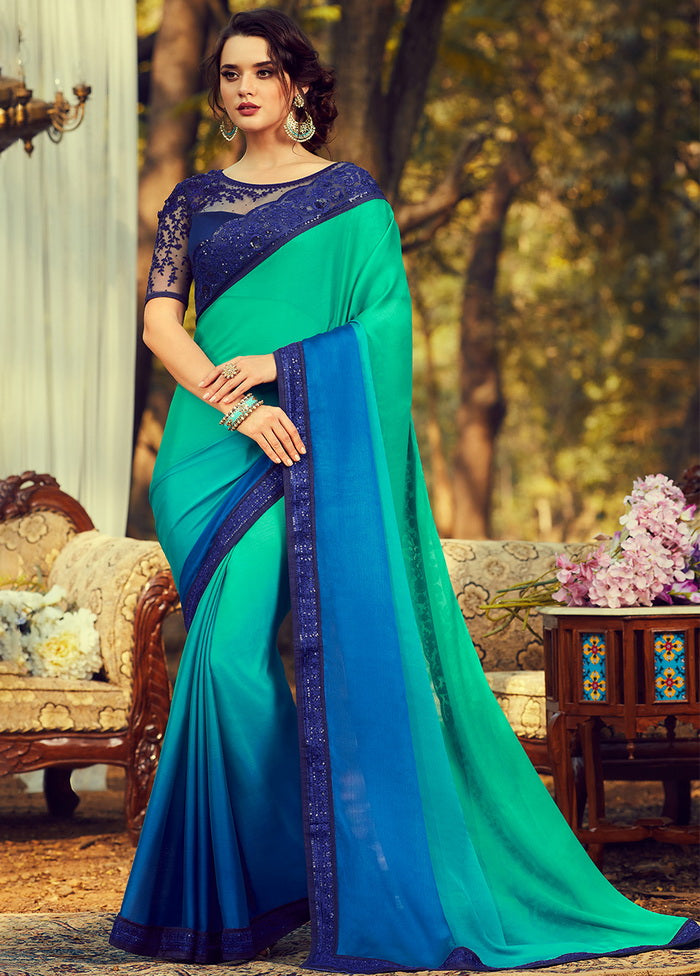 Turquoise Printed Chiffon Silk Saree With Blouse - Indian Silk House Agencies