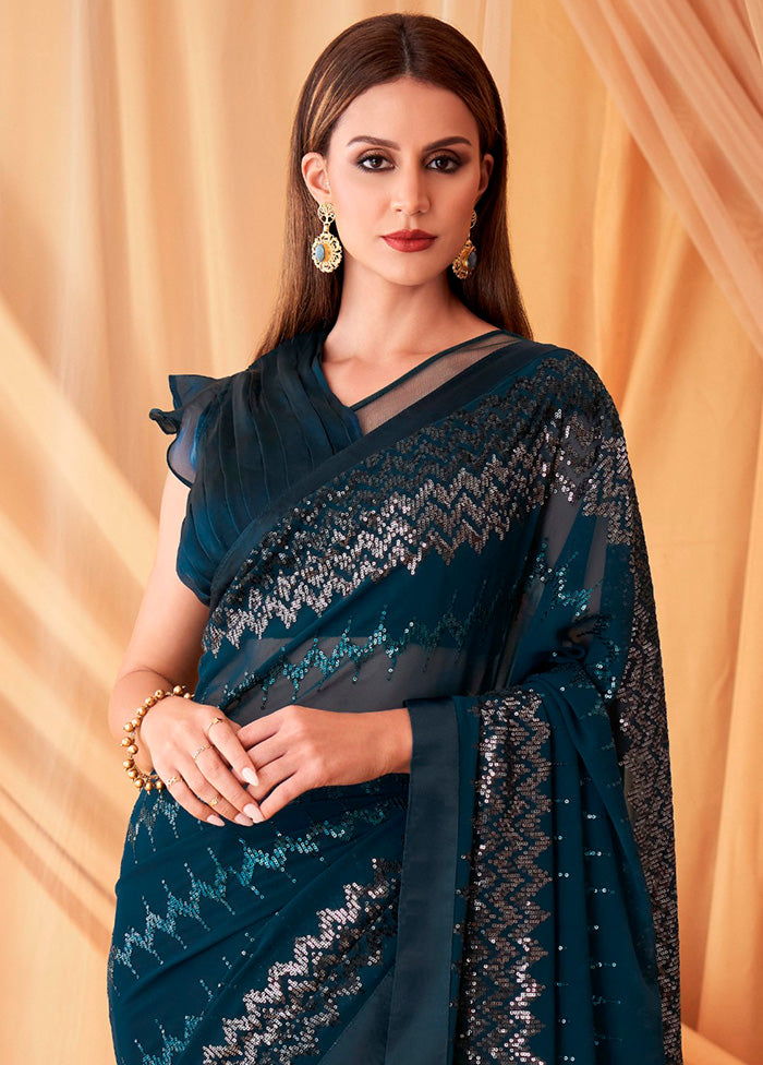 Teal Green Georgette Saree With Blouse Piece