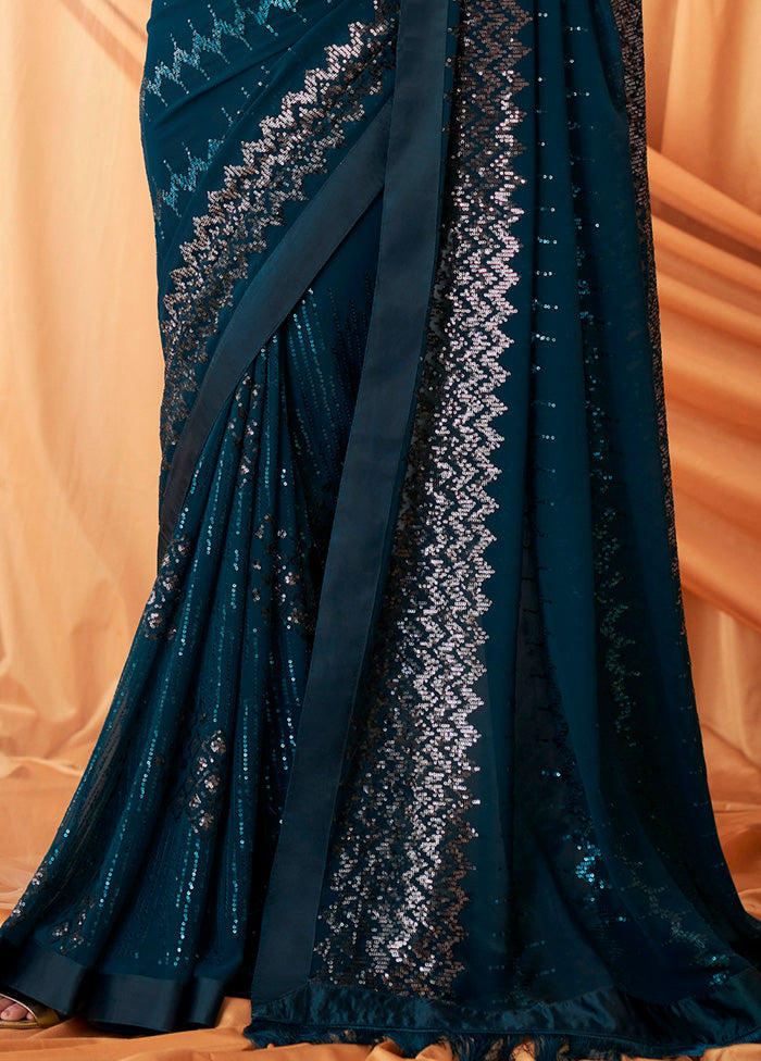 Teal Green Georgette Saree With Blouse Piece