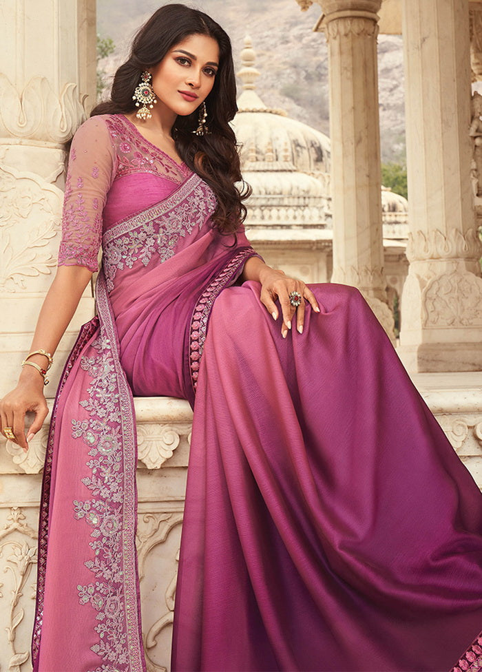 Pink And Purple Chiffon Silk Saree With Blouse - Indian Silk House Agencies