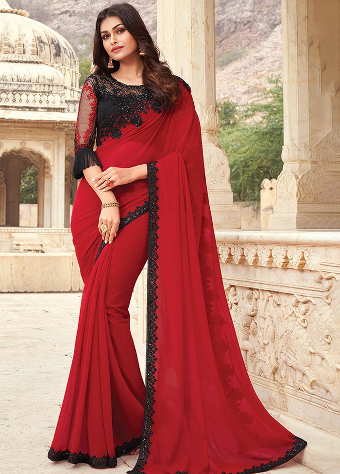 Red Georgette Embroidered Saree With Blouse - Indian Silk House Agencies