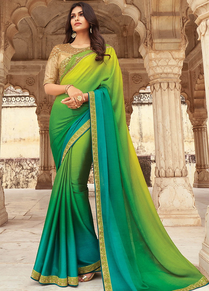 Green And Yellow Chiffon Silk Saree With Blouse - Indian Silk House Agencies