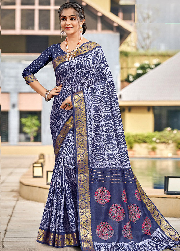 Navy Blue Cotton Woven Work Saree With Blouse - Indian Silk House Agencies