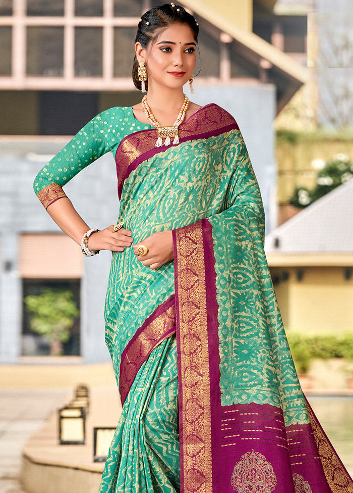 Sea Green Cotton Woven Work Saree With Blouse - Indian Silk House Agencies
