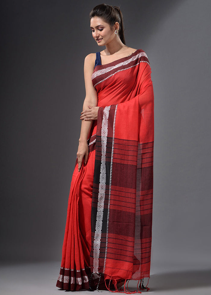 Red Pure Cotton Dual Tone Saree With Blouse - Indian Silk House Agencies