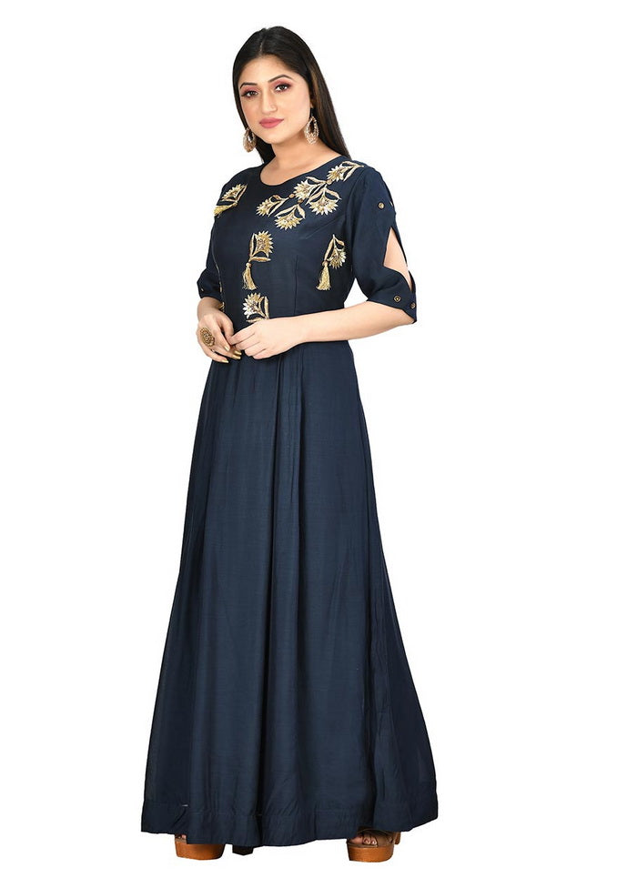 Navy Muslin Silk Solid Women Gown VDVSF00005 - Indian Silk House Agencies