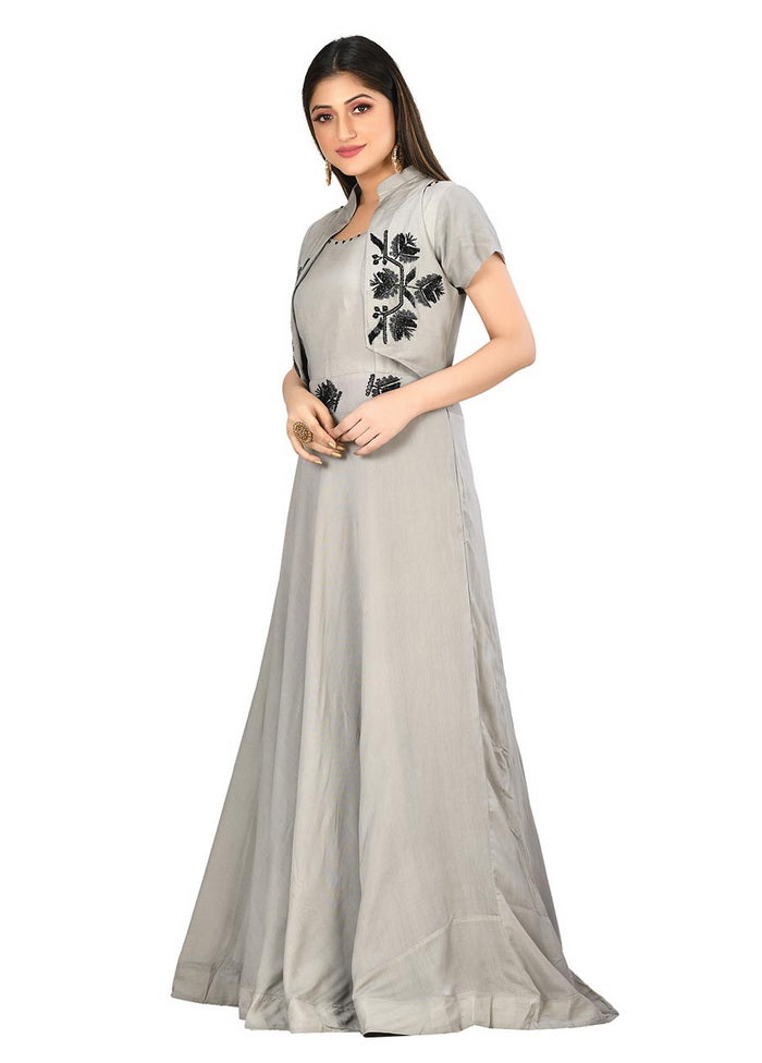 2 Pc Grey Muslin Silk Gown WIth Koti VDVSF00007 - Indian Silk House Agencies