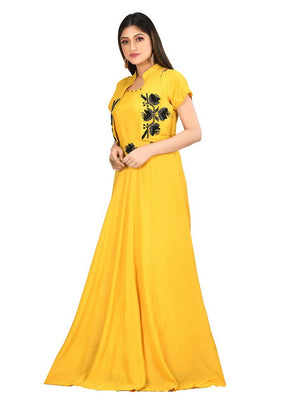 2 Pc Yellow Muslin Silk Gown WIth Koti VDVSF00008 - Indian Silk House Agencies
