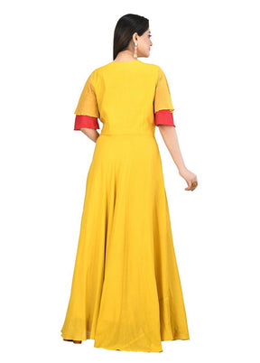 Yellow Cotton Malmal Short Sleeves Solid Gown VDVSF00009 - Indian Silk House Agencies