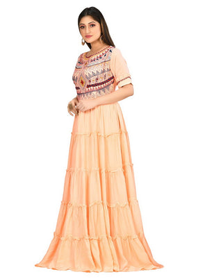 Peach Muslin Silk Short Sleeves Solid Gown VDVSF00011 - Indian Silk House Agencies