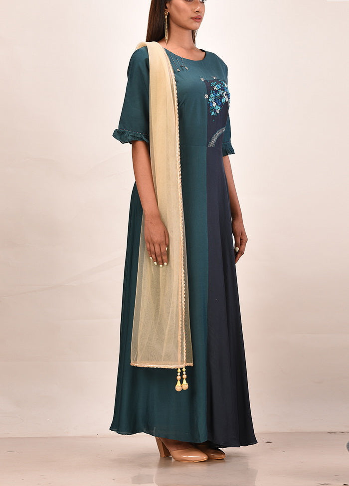 Teal Bluenavy Muslin Silk Solid Womens Gown VDVSF00104 - Indian Silk House Agencies