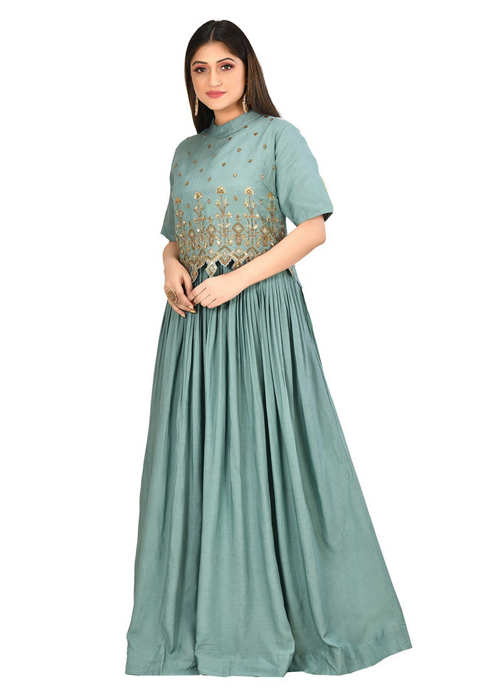 Teal Blue Muslin Silk Solid Gown VDVSF00107 - Indian Silk House Agencies