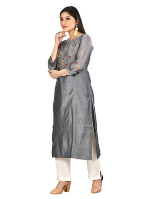 D Gray Chanderi Silk Solid Women Kurti VDVSF00114 - Indian Silk House Agencies