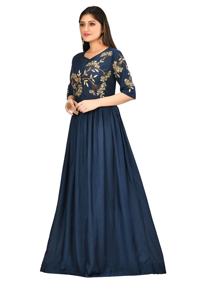 Navy Muslin Silk Solid Women Gown VDVSF00014 - Indian Silk House Agencies