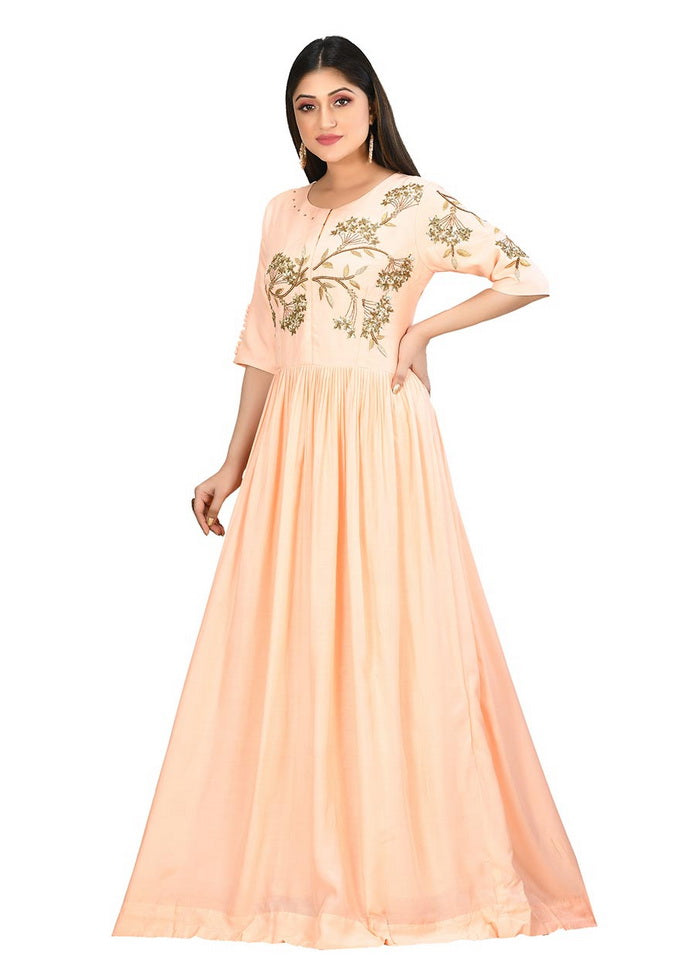 Peach Muslin Silk Solid Women Gown VDVSF00015 - Indian Silk House Agencies