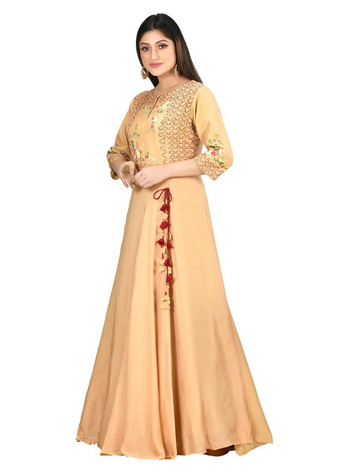 Beige Muslin Silk Solid Women Gown VDVSF00017 - Indian Silk House Agencies