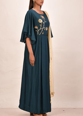 2 Pc Teal Blue Muslin Silk Solid Gown With Dupatta VDVSF00023 - Indian Silk House Agencies