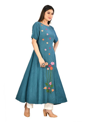 Teal Blue Cotton Solid Womens Kurti VDVSF00028 - Indian Silk House Agencies