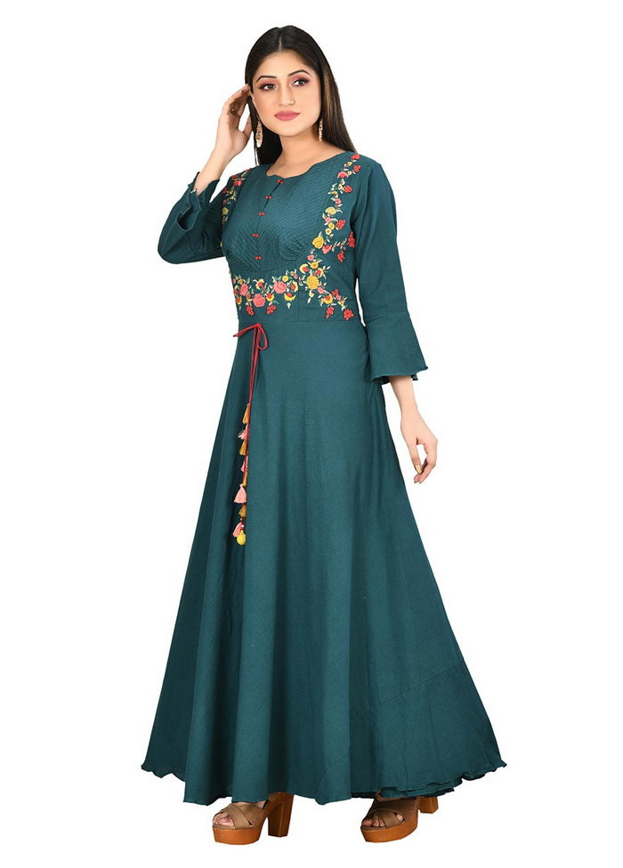 Teal Blue Cotton Solid Womens Gown VDVSF00035 - Indian Silk House Agencies