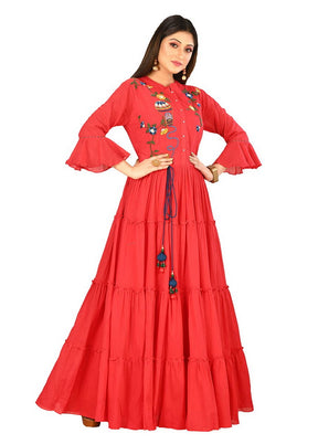 Red Cotton Malmal Solid Women Gown VDVSF00037 - Indian Silk House Agencies
