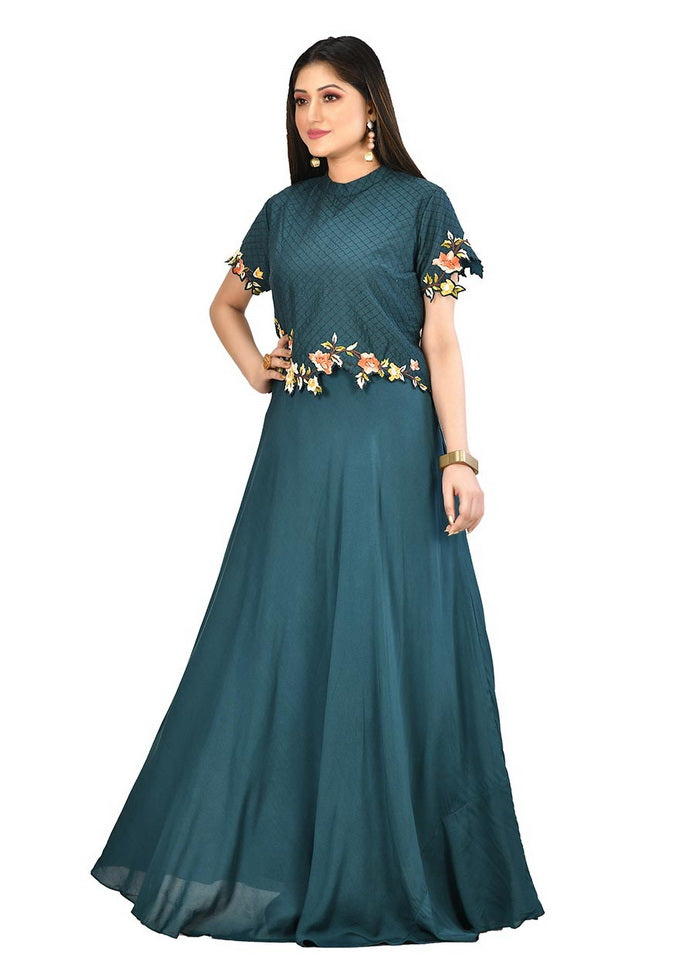 Teal Blue Muslin Silk Short Sleeves Solid Gown VDVSF00039 - Indian Silk House Agencies