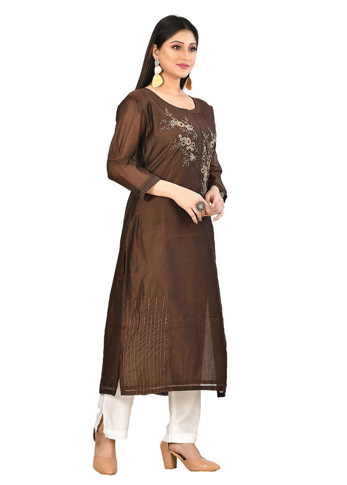 Brown Chanderi Silk Solid Women Kurti VDVSF00044 - Indian Silk House Agencies