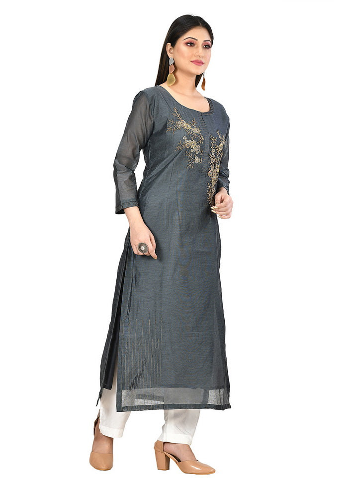 Gray Chanderi Silk Solid Women Kurti VDVSF00043 - Indian Silk House Agencies