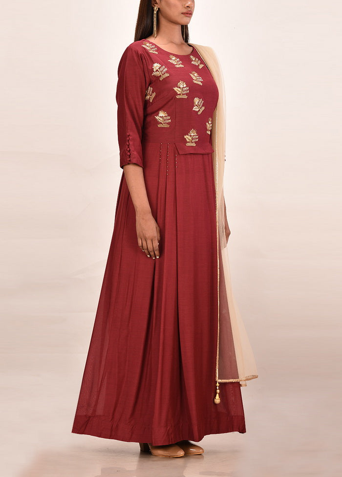Mahroon Muslin Silk Solid Women Gown VDVSF00049 - Indian Silk House Agencies