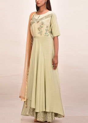 C Green Muslin Silk Short Sleeves Solid Gown VDVSF00055 - Indian Silk House Agencies
