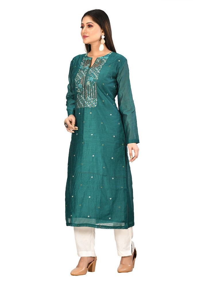 Botle Green Chanderi Silk Full Sleeves Solid Kurti VDVSF00059 - Indian Silk House Agencies
