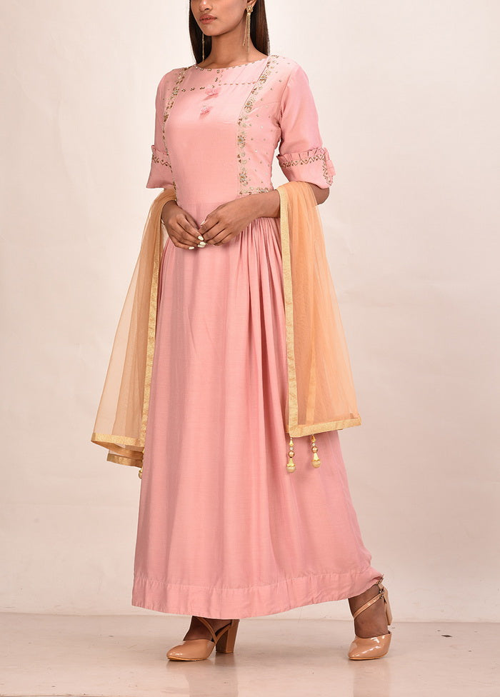 2 Pc Peach Muslin Silk Solid Gown With Dupatta VDVSF00070 - Indian Silk House Agencies