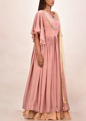 2 Pc Peach Muslin Silk Solid Gown With Dupatta VDVSF00072 - Indian Silk House Agencies