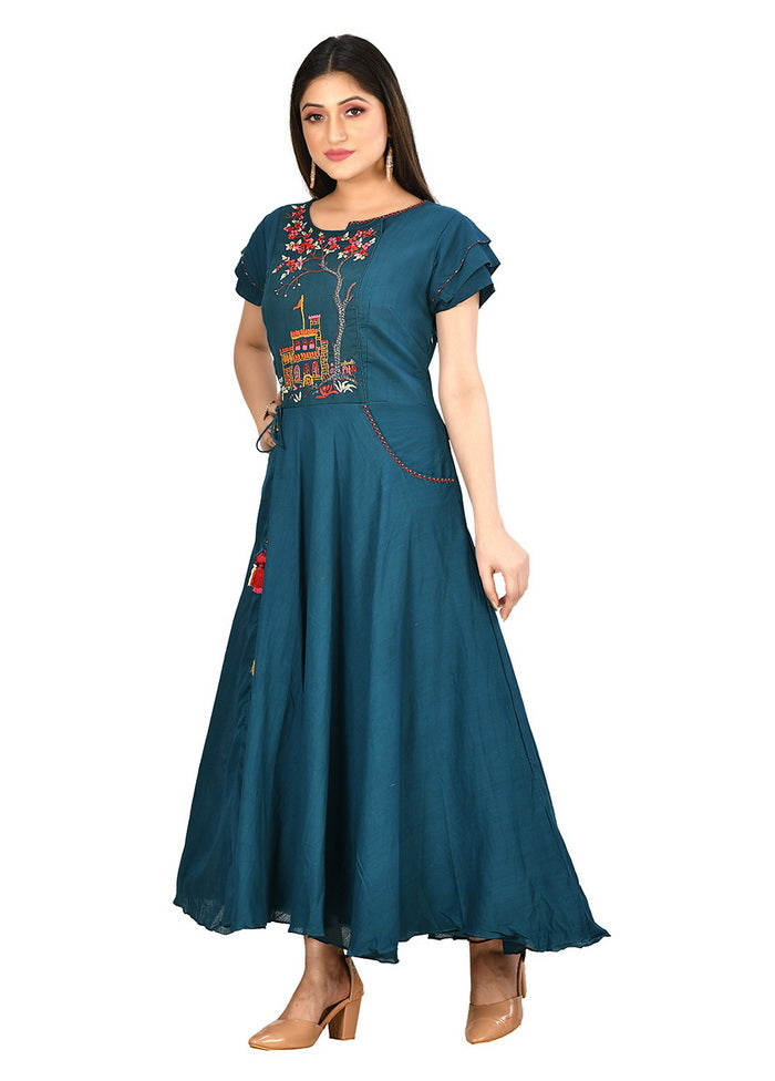 Teal Blue Cotton Malmal Short Sleeves Solid Gown VDVSF00085 - Indian Silk House Agencies