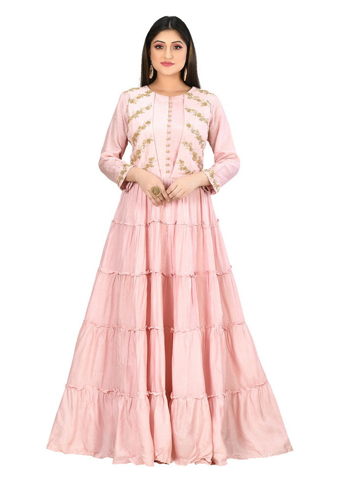 L Pink Silk Solid Women Gown VDVSF00099 - Indian Silk House Agencies
