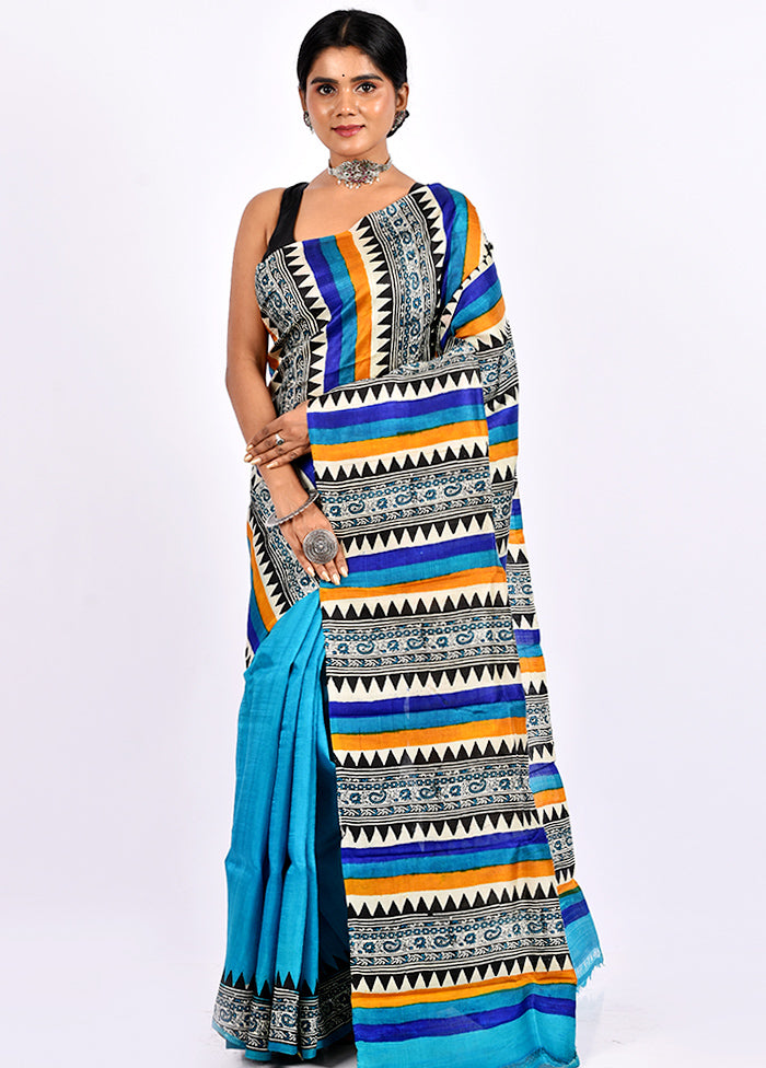 Blue Pure Printed Silk Saree Without Blouse Piece - Indian Silk House Agencies