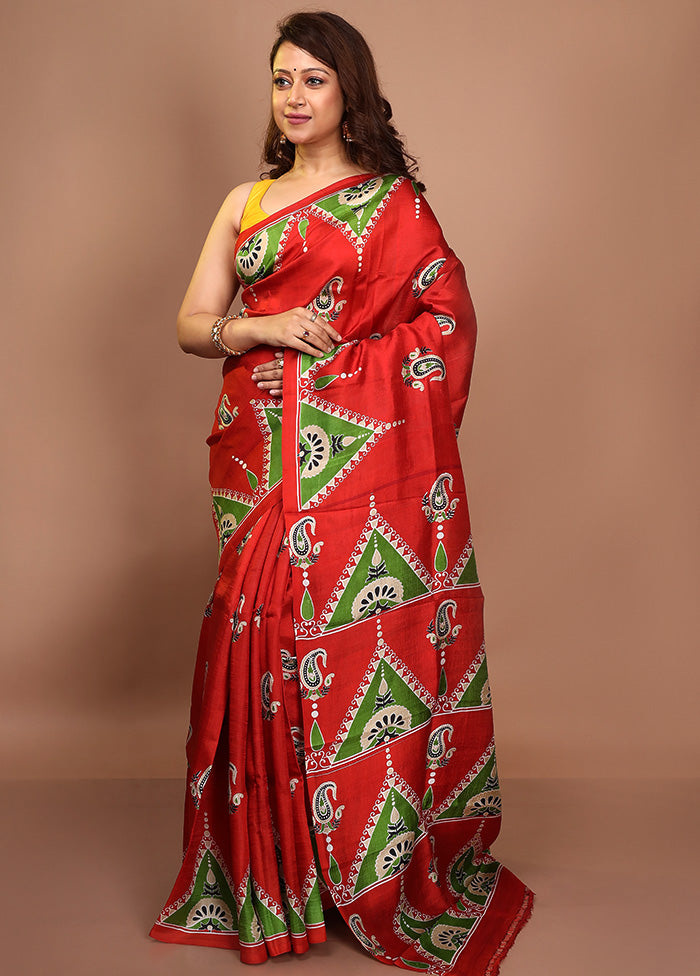 Red Pure Printed Silk Saree Without Blouse Piece - Indian Silk House Agencies
