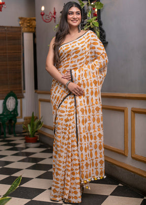 White Spun Silk Saree With Blouse Piece