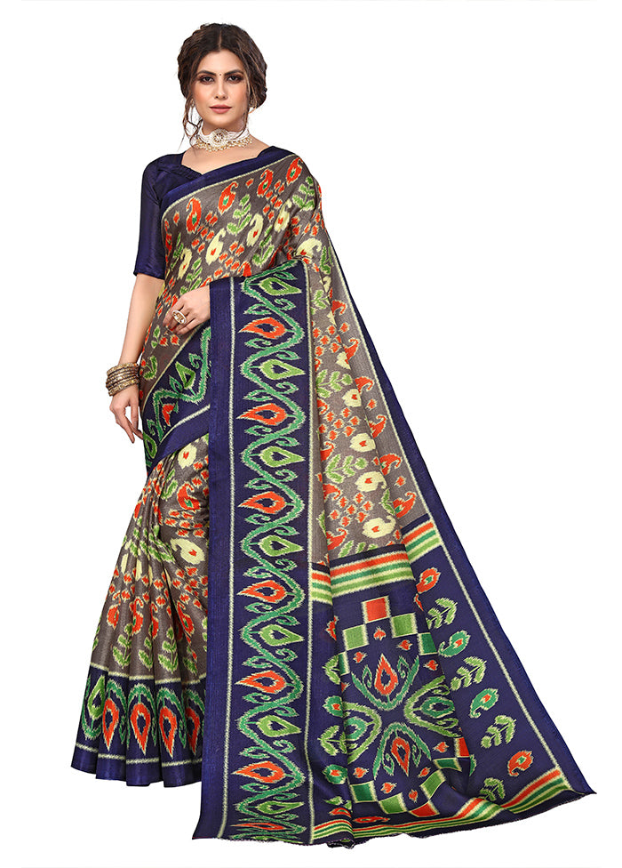 Navy Blue Dupion Silk Saree With Blouse Piece