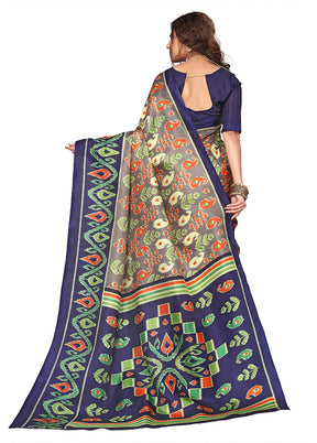 Navy Blue Dupion Silk Saree With Blouse Piece