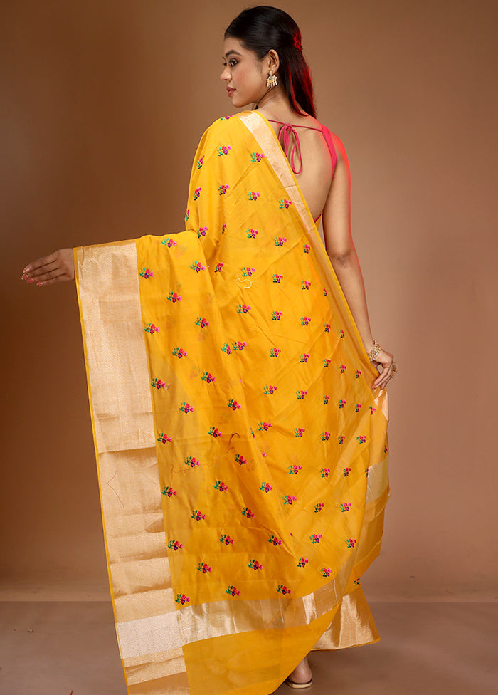 Yellow Cotton Embroidered Saree With Blouse Piece - Indian Silk House Agencies